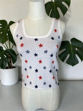 Pink Lily Star Print Sweater Tank Top Patriotic Americana Knit Size Medium
